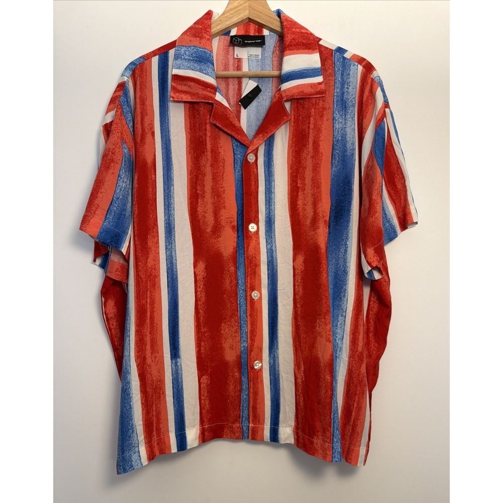 New Original Use Mens 100% Rayon Striped Button Down Shirt Size L Red White Blue